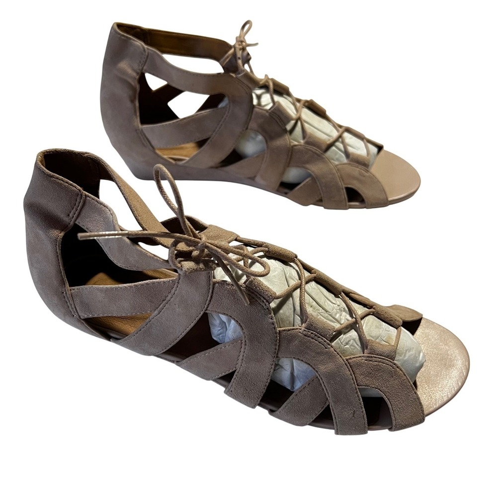 Clarks Artisan Taupe Suede Lace Up Gladiator Wedge Sandals Women Size 10